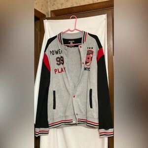 Akademiks: Heather Grey and black snap front sweat jacket size med. streetwear.